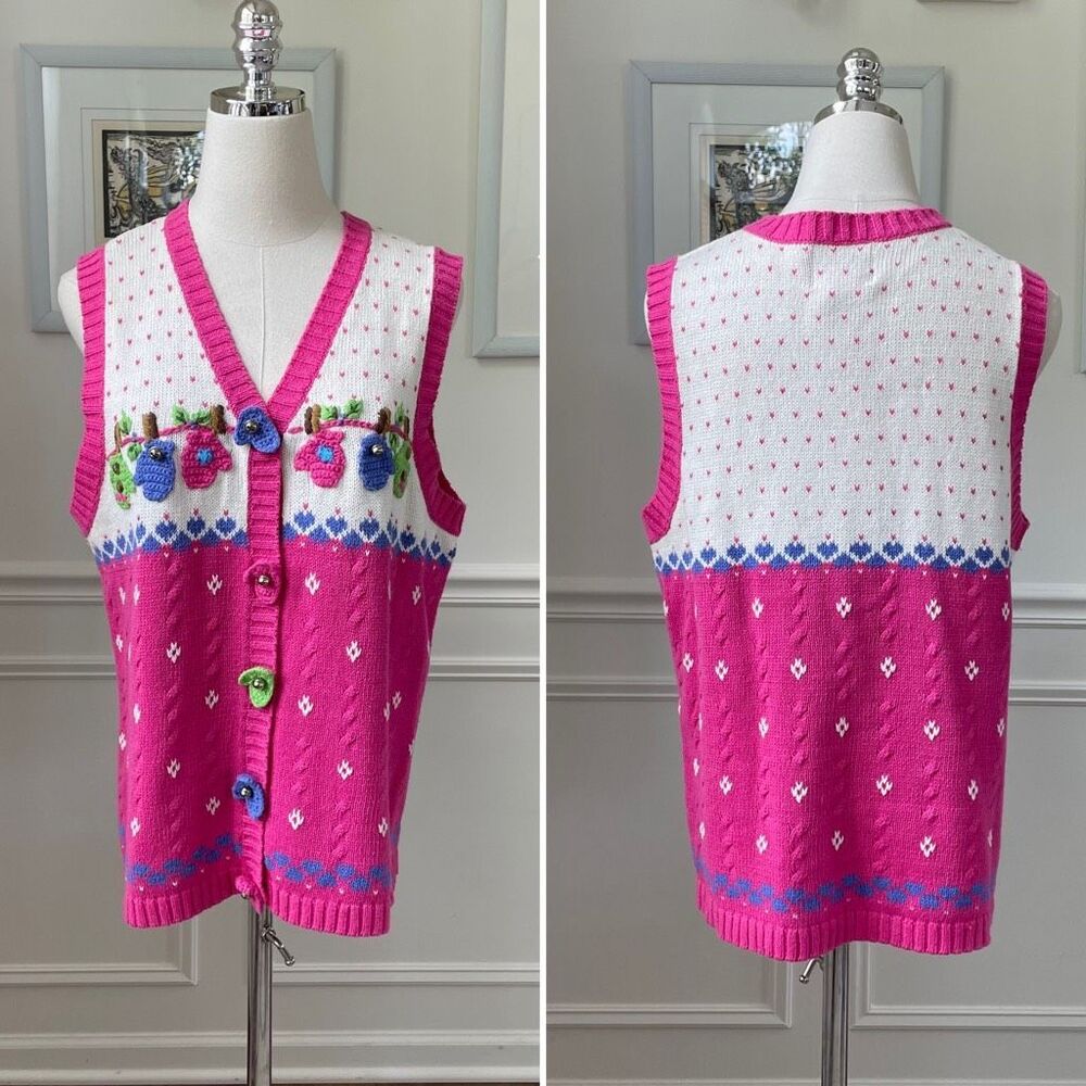 Vintage Quacker Factory Button Front Sweater Vest Novelty Mitten Knit Pink S